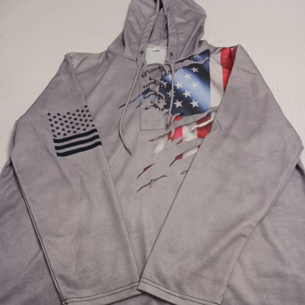 Patriotic Flag Lace Up Gray Sweatshirt Hoodie XL